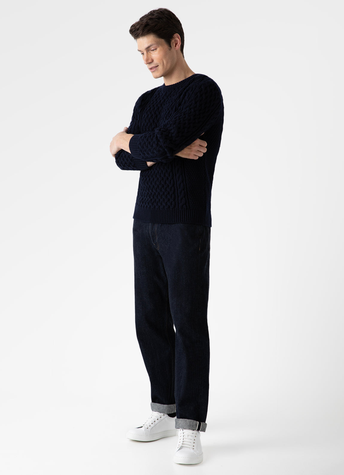 Men's Merino Cable Jumper in Navy