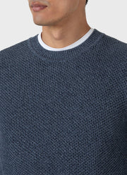 Men's Honeycomb Cotton Crew Neck Jumper in Indigo