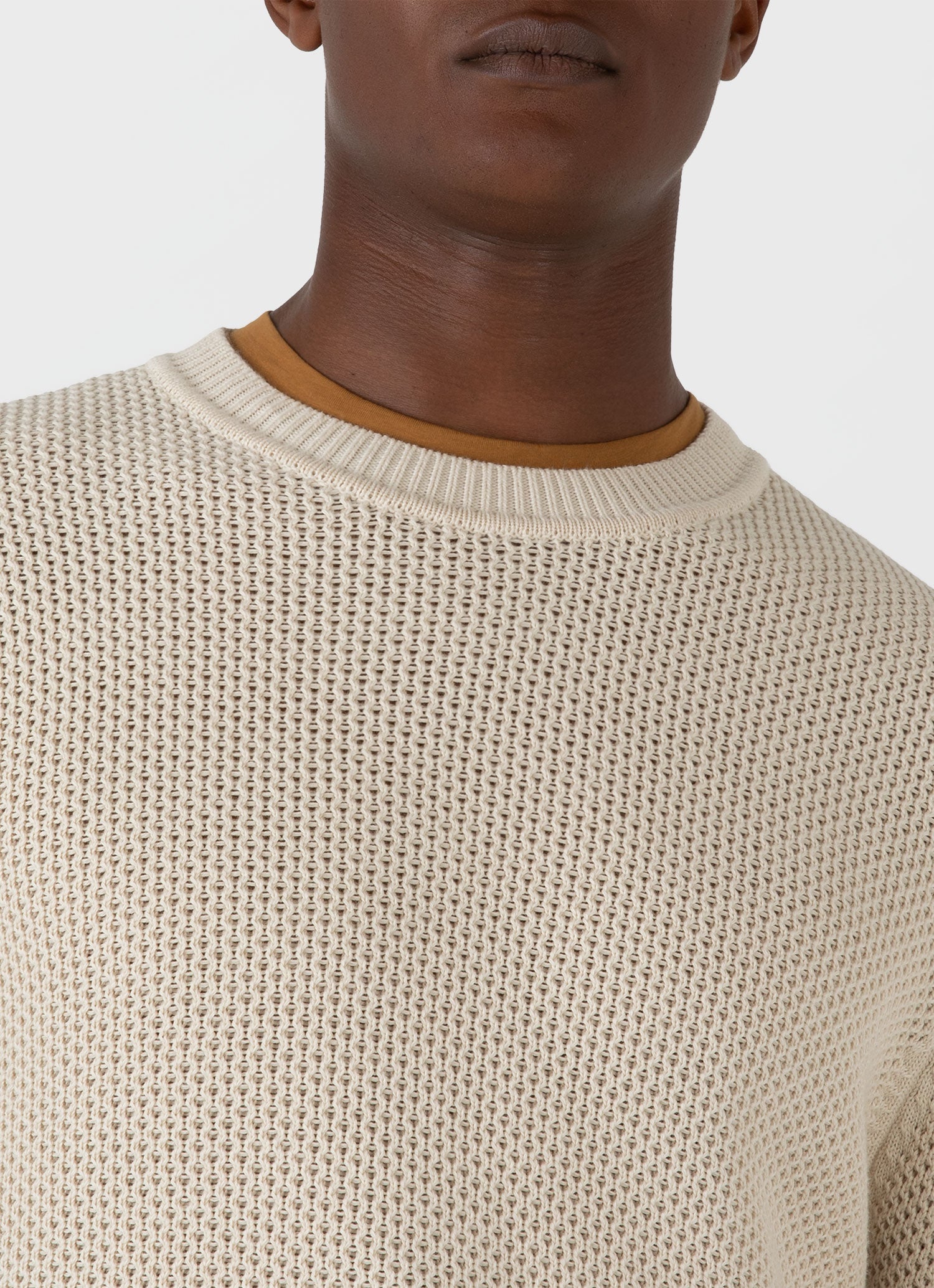 Men's Honeycomb Cotton Crew Neck Jumper in Ecru