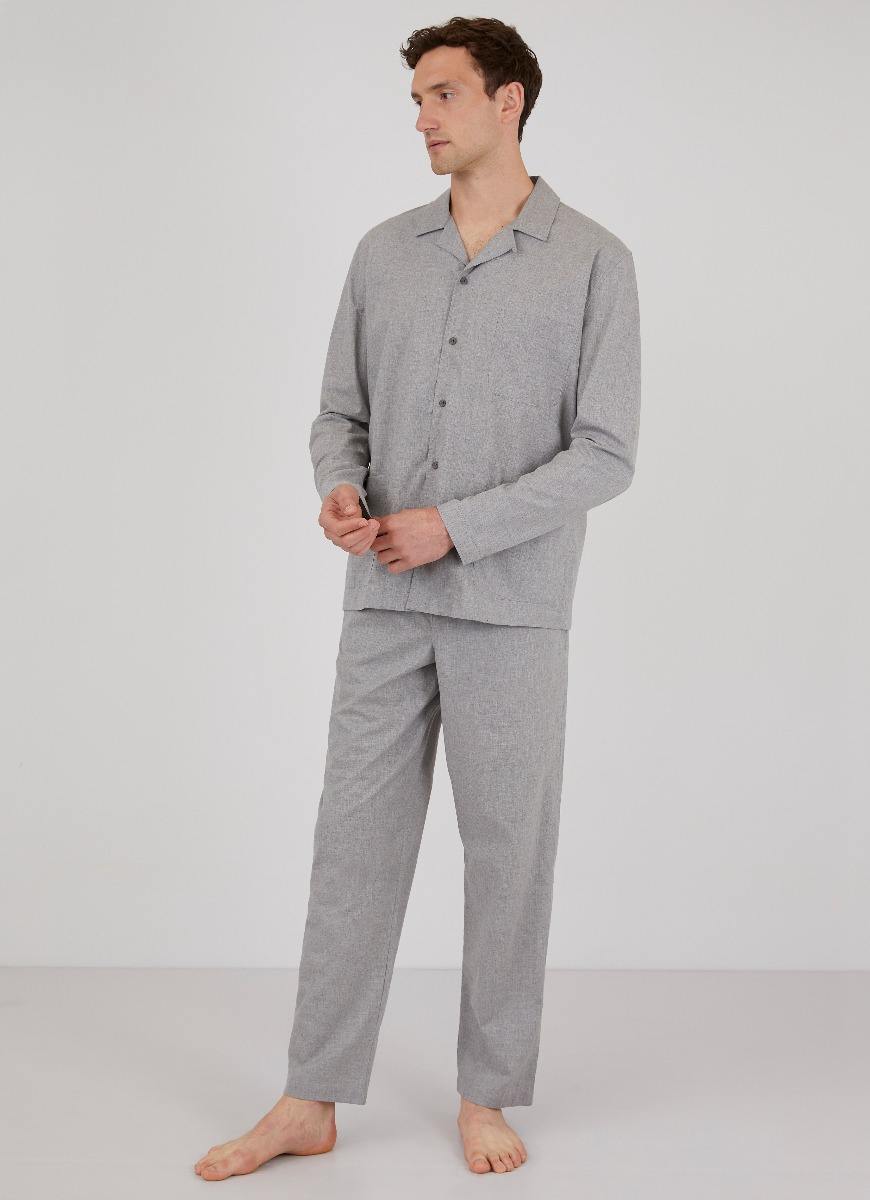 Men's Cotton Flannel Pyjama Shirt in Mid Grey Melange