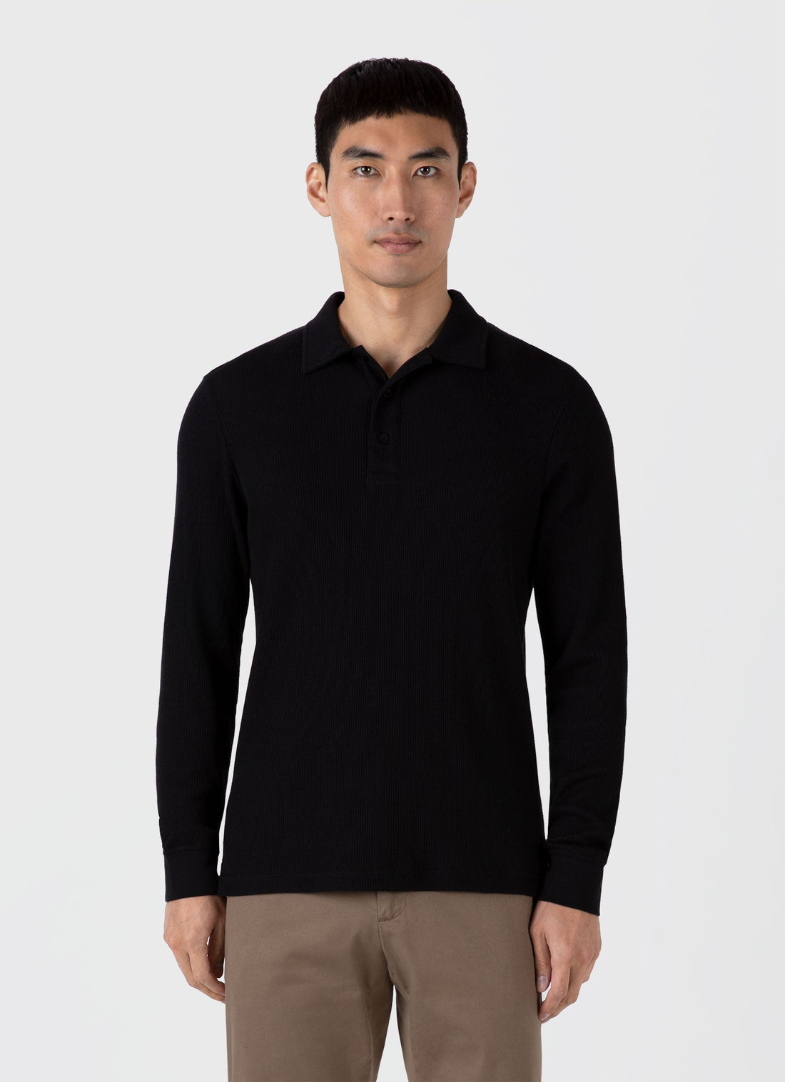 Men's Long Sleeve Waffle Polo Shirt in Black