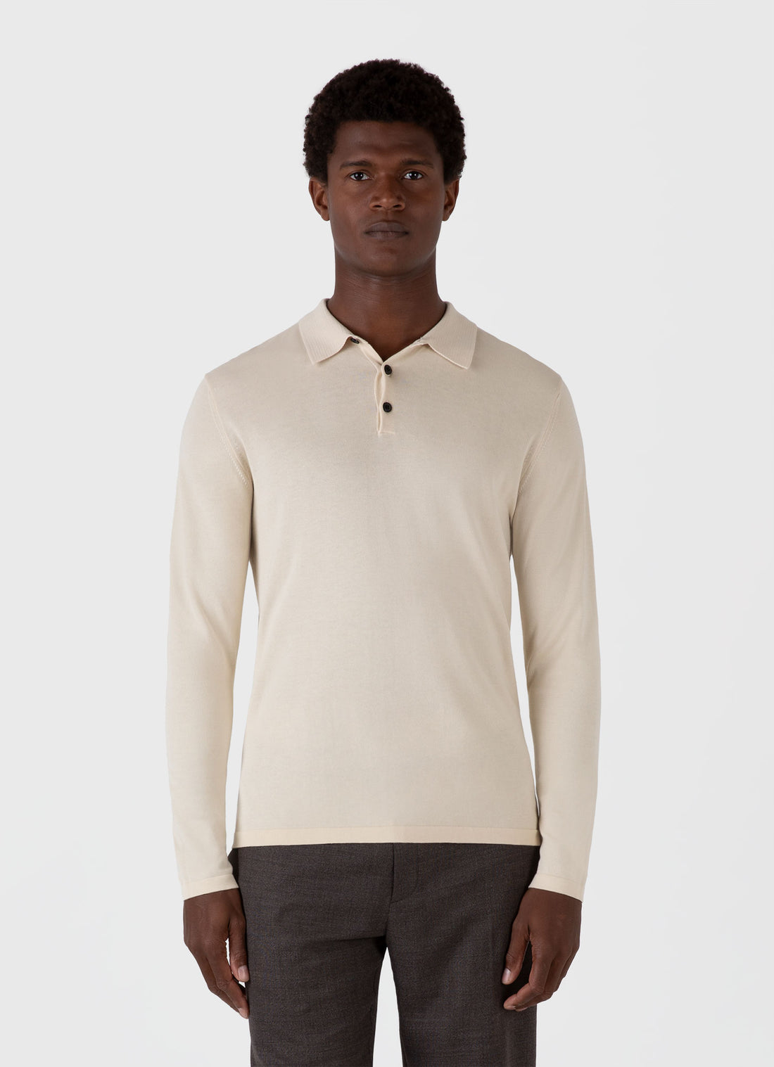 Men's Sea Island Cotton Long Sleeve Polo Shirt in Undyed