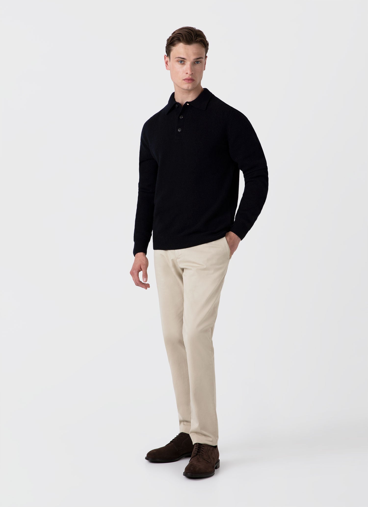 Men's Lambswool Polo Shirt in Dark Navy Mouline