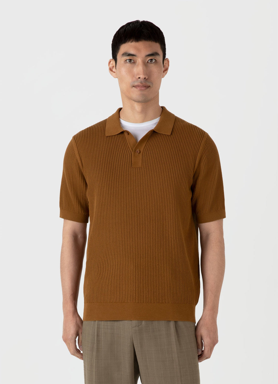 Men's Linear Mesh Knit Polo Shirt in Golden Brown