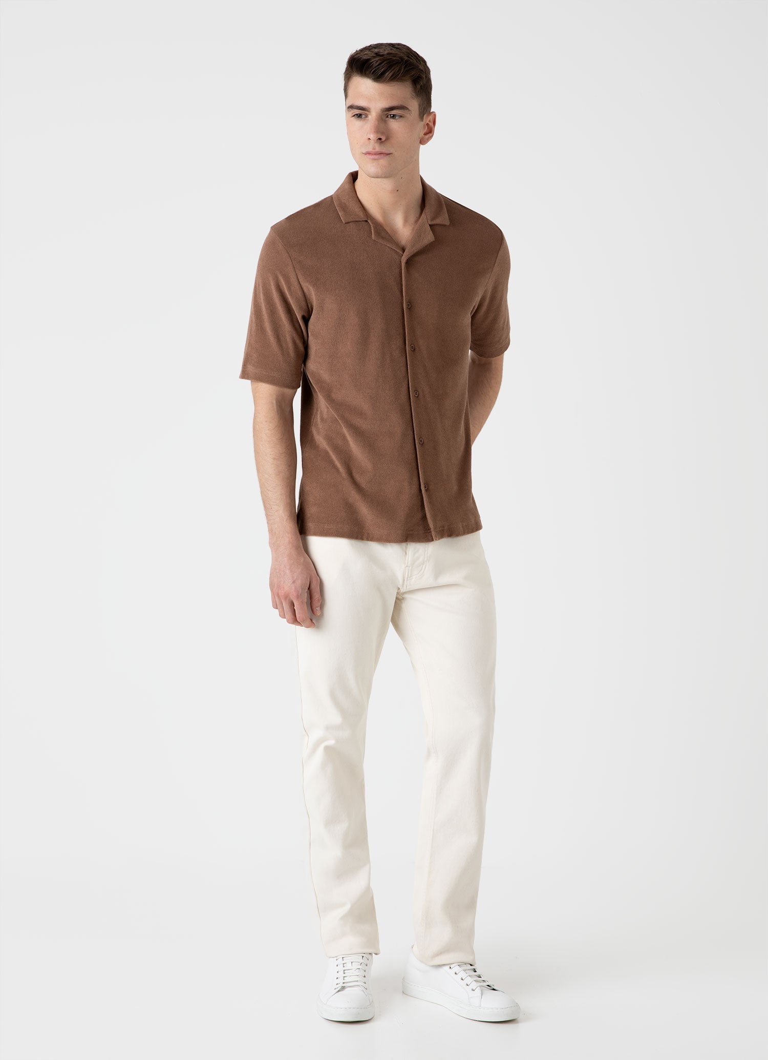 Men's Towelling Camp Collar Shirt in Dark Sand