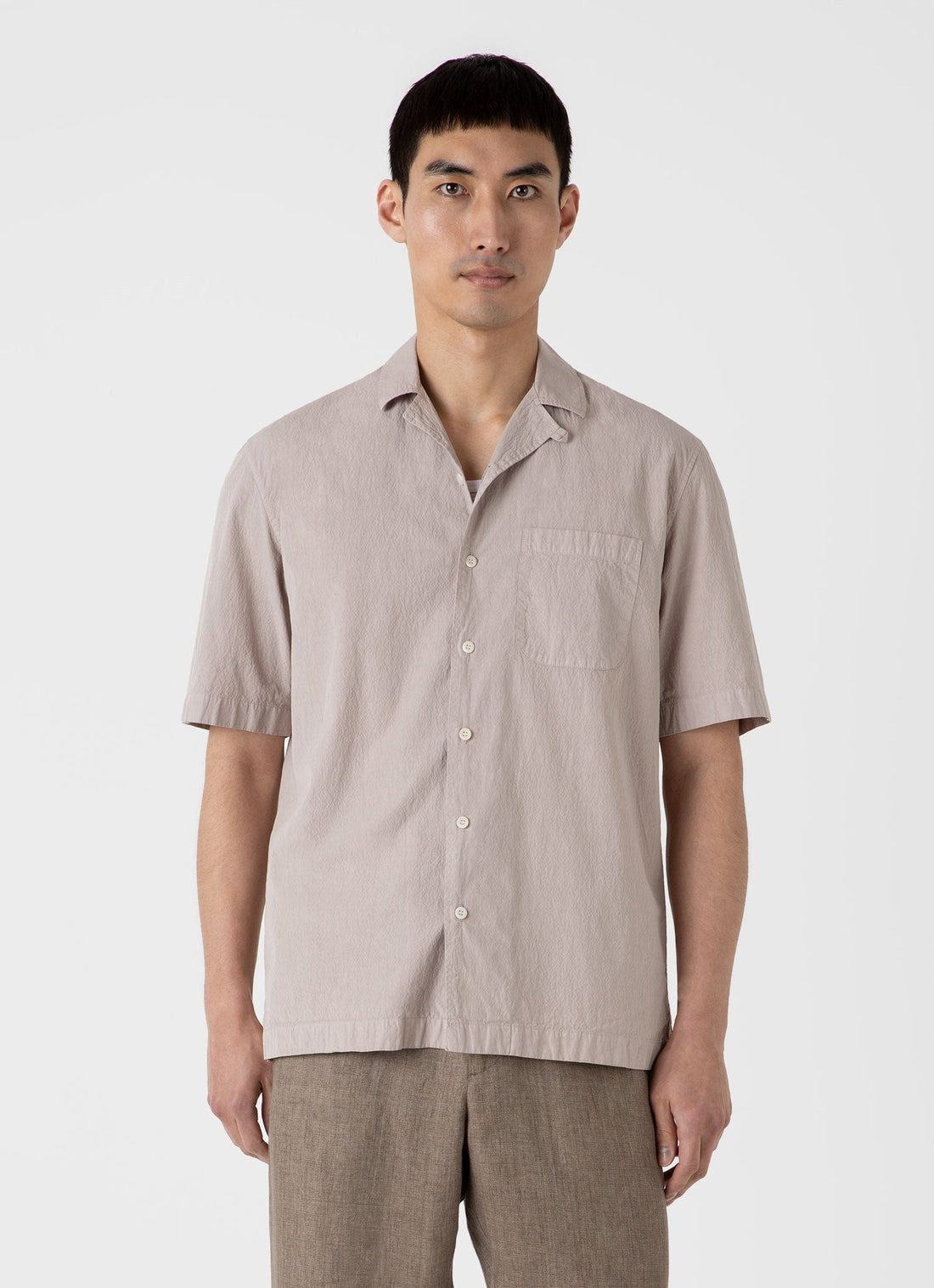 Men's Seersucker Camp Collar Shirt in Light Sand