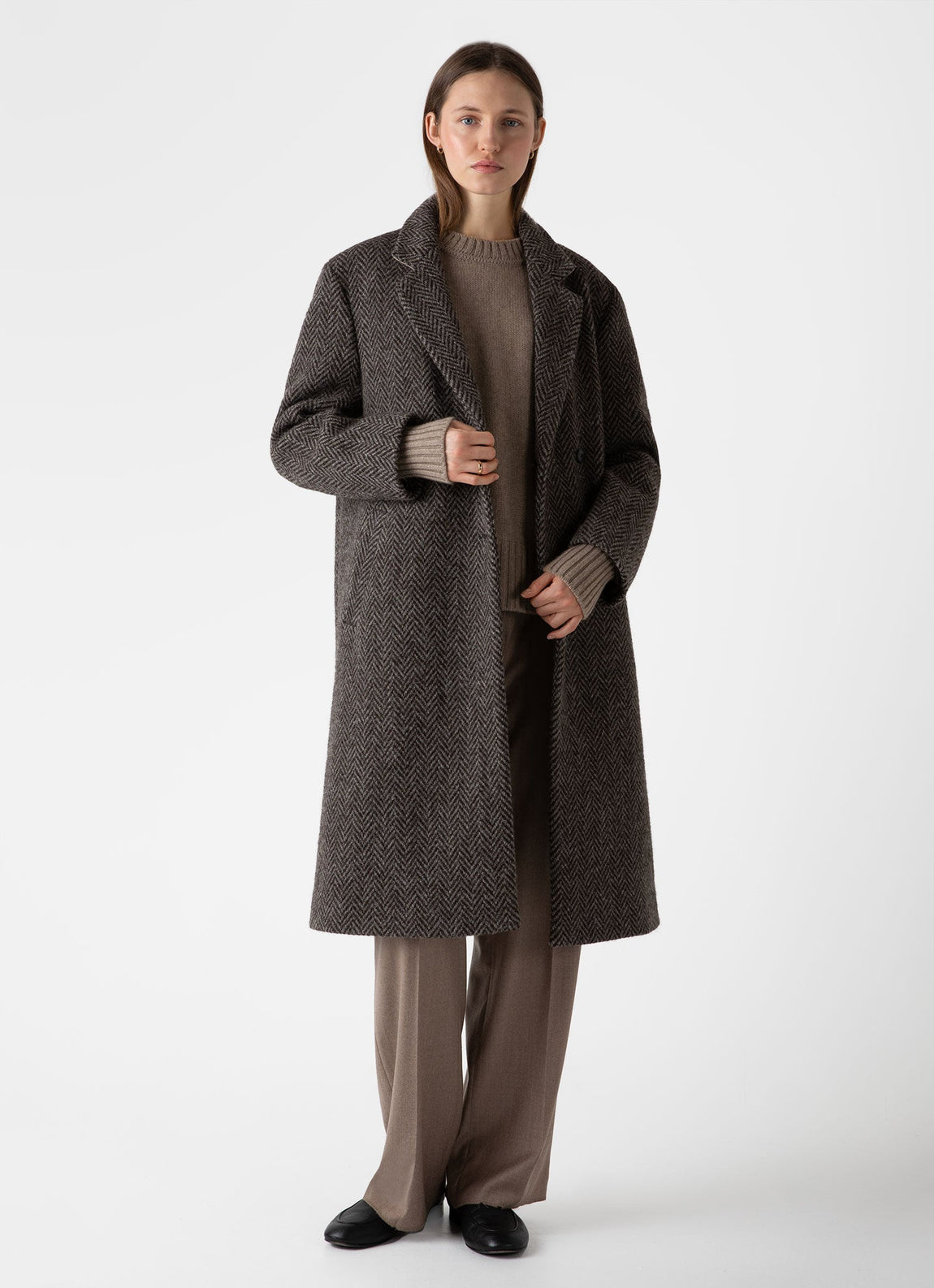 Women's British Wool Coat in Brown Herringbone