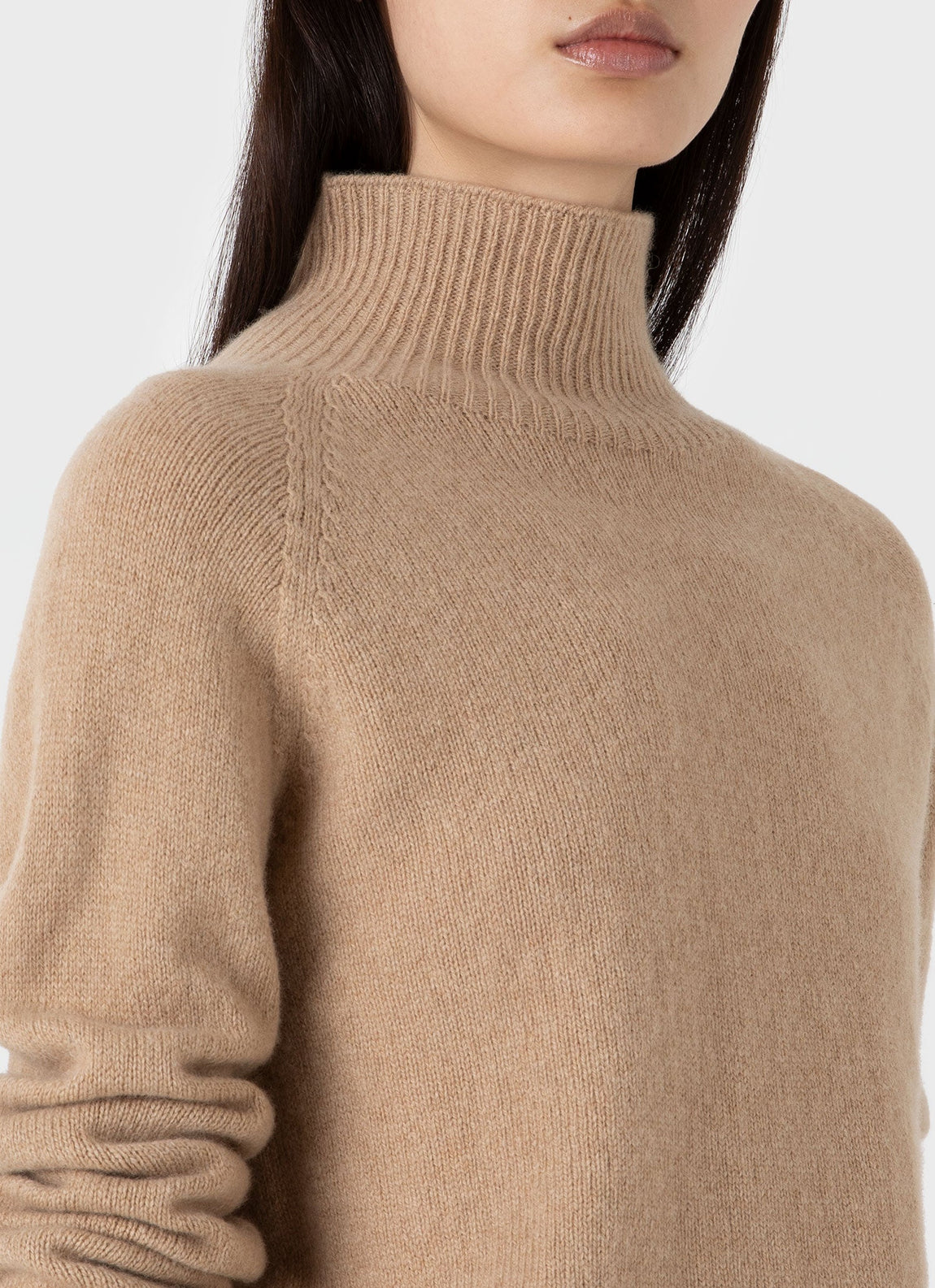 Women's Lambswool Funnel Neck Jumper in Light Camel