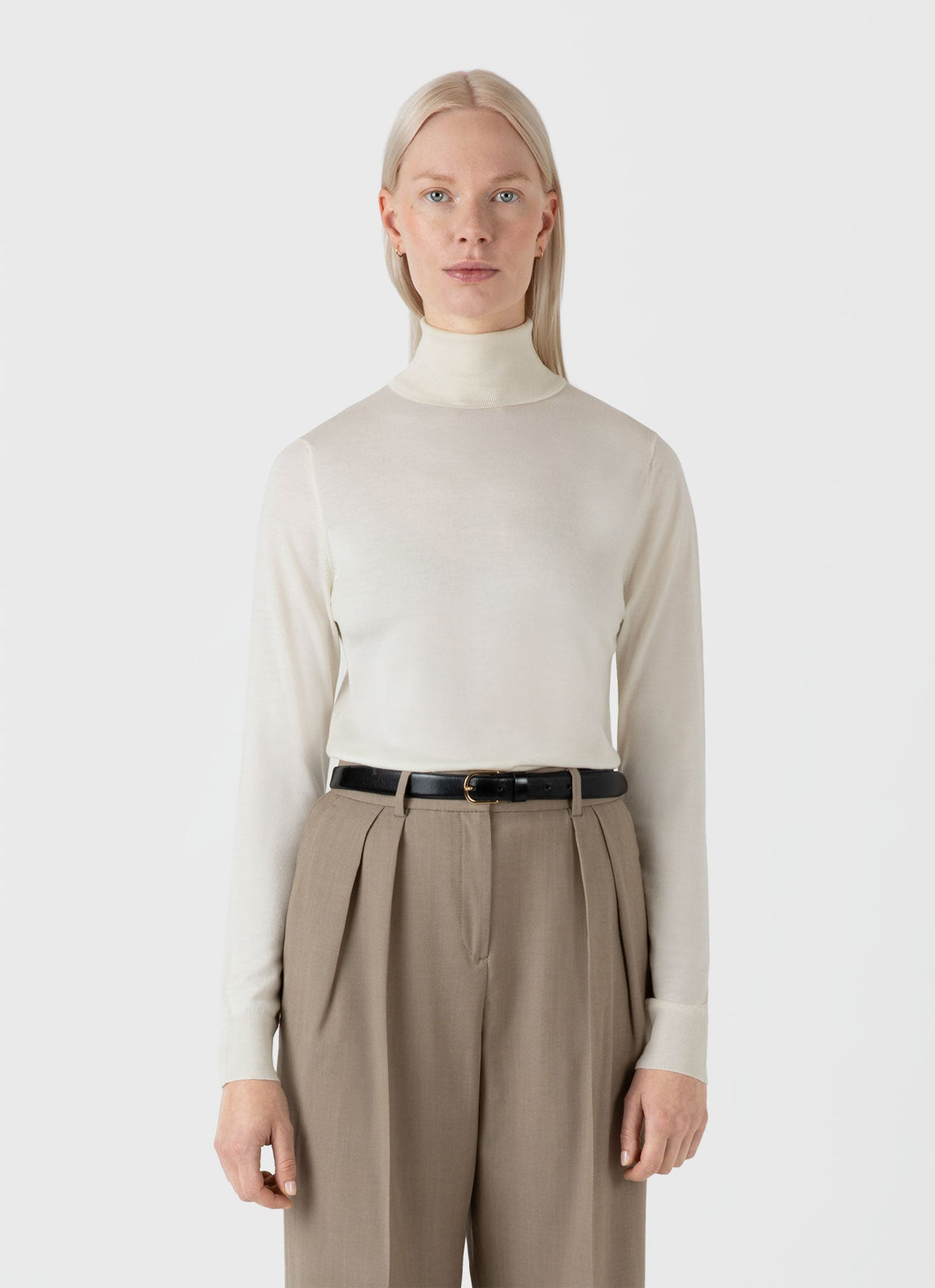 Women's Merino Silk Roll Neck Jumper in Ecru