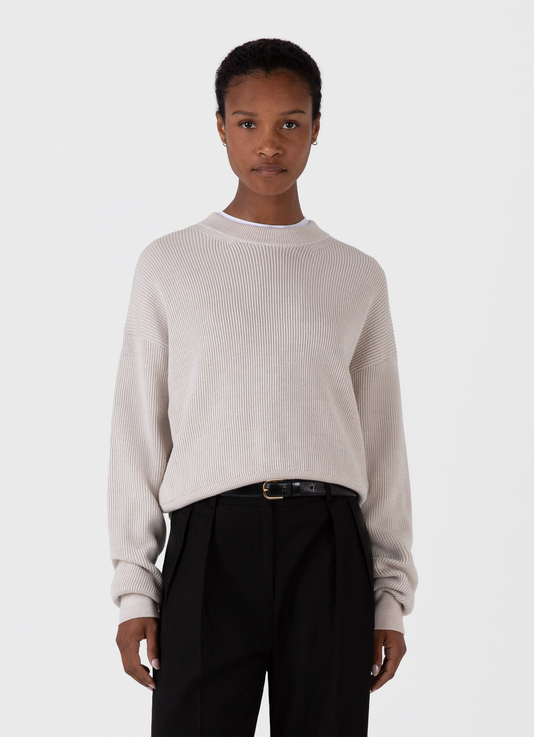 Women's Ribbed Crew Neck Jumper in Ecru