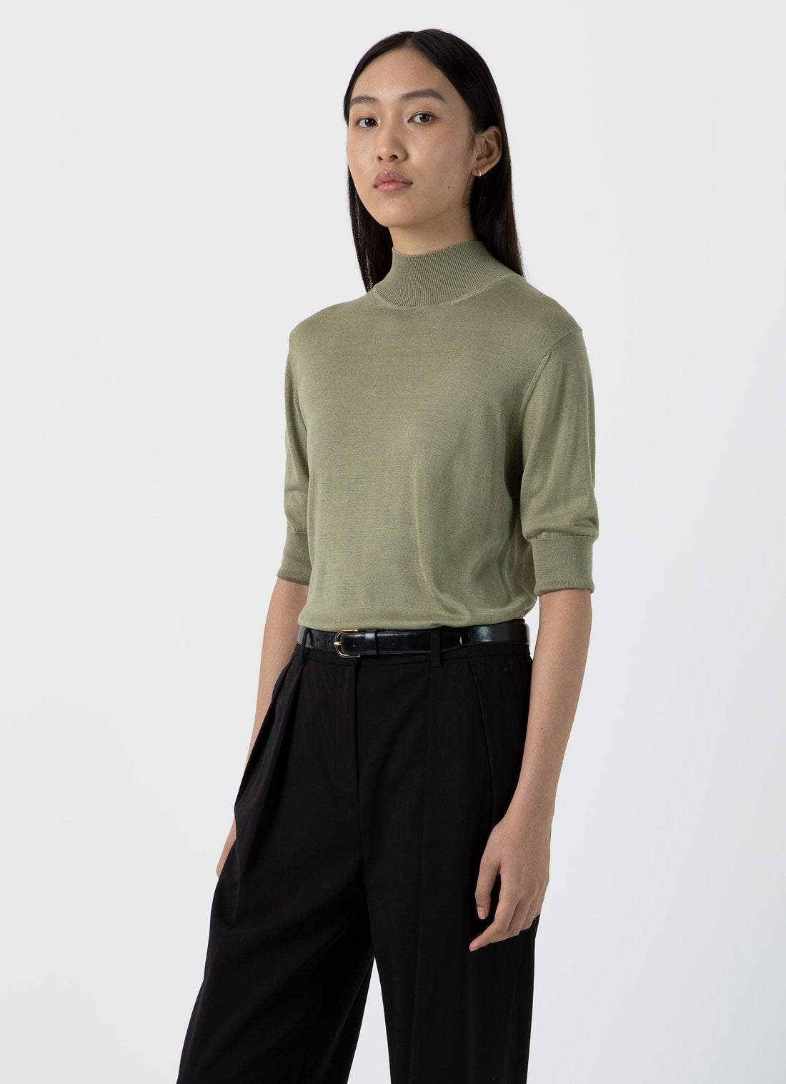 Women's Silk Mock Neck Top in Pale Khaki