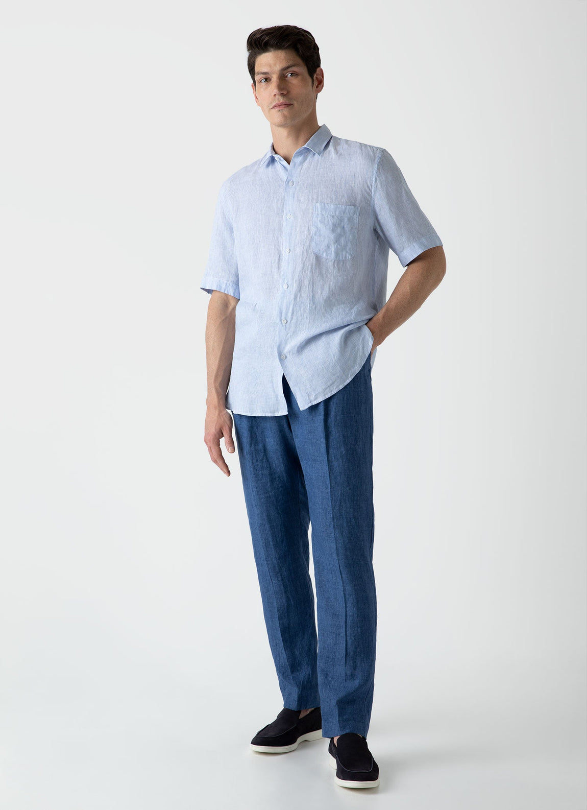 Men's Short Sleeve Linen Shirt in Cool Blue Micro Stripe