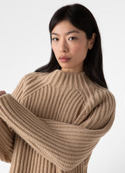 Women's Lambswool Chunky Funnel Neck Jumper in Light Camel