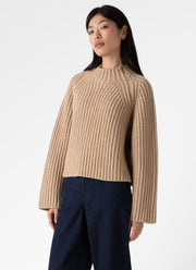 Women's Lambswool Chunky Funnel Neck Jumper in Light Camel