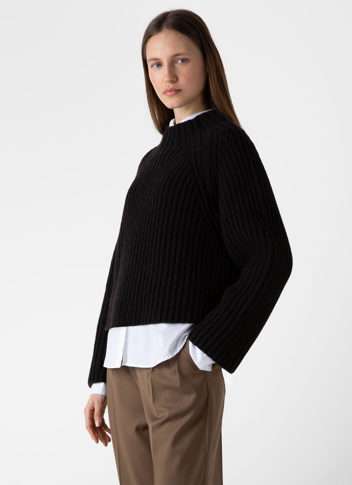 Women's Lambswool Chunky Funnel Neck Jumper in Coffee Twist