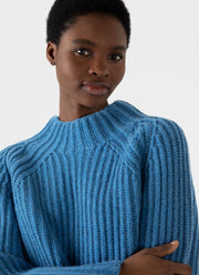 Women's Lambswool Chunky Funnel Neck Jumper in Blue Jean